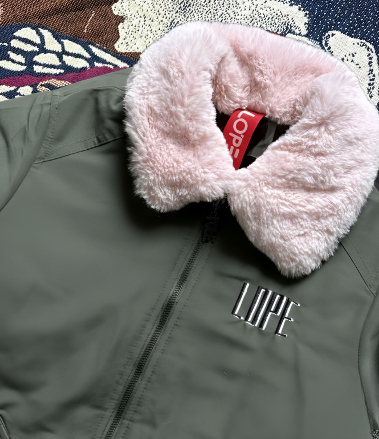Olive Bomber with Blush Fur Collar (XS)