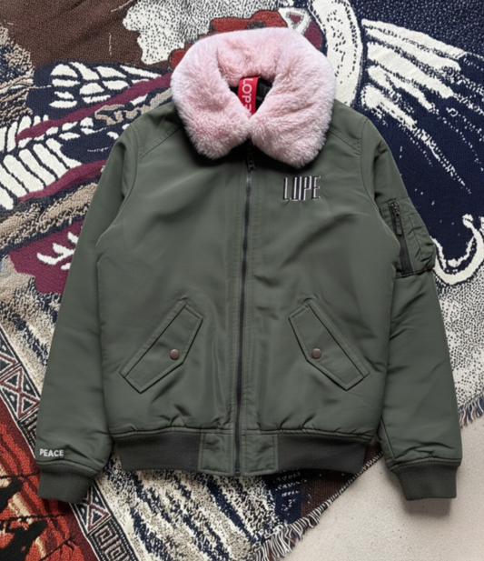 Olive Bomber with Blush Fur Collar (XS)